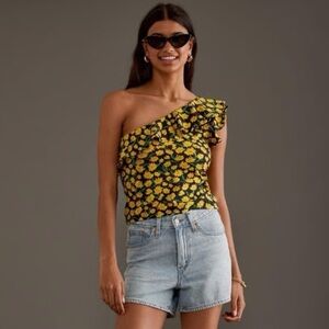 Maeve Anthropologie One-Shoulder Floral Ruffled Tank Top